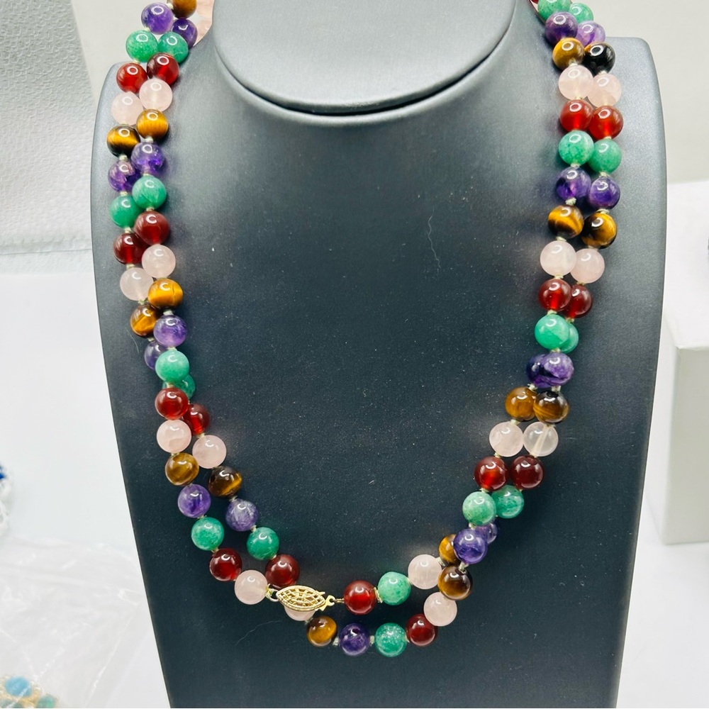 Long Vintage Genuine Gemstone Bead Necklace Hand Knotted